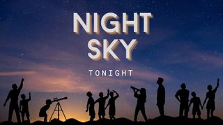 graphic with night sky in large font and silhouettes of people below looking up at the night sky.