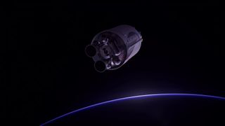 a cylindrical spacecraft flies above earth, seen only as a sliver of light