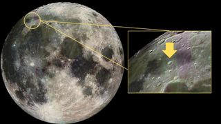 close up view of the moon on the right showing the crater and on the left is a large wide view of the moon with a yellow circle showing the region of the moon that the harpalus crater is found.