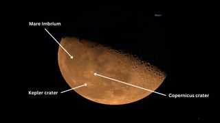 close up view of the moon half lit. The kepler crater is labeled at the bottom of the image with the copernicus crater above and then to the upper left is mare imbrium.