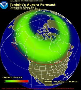 "NOAA Space Weather Prediction Center's aurora forecast map for November 27, 2024, showing the likelihood of auroras across North America. The map highlights the red 'view line' indicating the southern extent where auroras might be visible on the northern horizon.