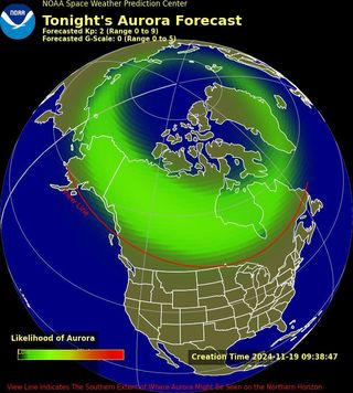 Aurora forecast map by NOAA Space Weather Prediction Center for November 19, 2024. The map shows the northern hemisphere, with green areas indicating aurora visibility likelihood. A red 'view line' marks the southernmost extent of possible aurora sightings. Forecasted Kp index is 2 (low activity), and forecasted G-scale is 0. The creation time of the map is noted as 09:38:47 UTC.