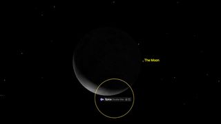 A crescent Moon appears in the night sky, with the bright star Spica labeled as a double star below it, highlighted by a yellow circle