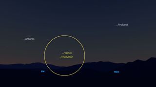 night sky graphic showing venus shining just above the thin crescent moon.