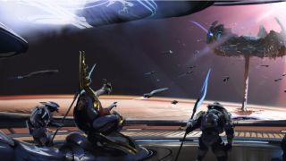 Still from sci-fi video game Halo. Point of view is from the bridge of a fancy alien spaceship with a massive window. An important figure is sitting in a chair flanked by a guard on either side. They are overlooking the top of a planet and a space station.