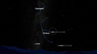 Star map showing the constellations Cassiopeia and Perseus in the night sky, highlighting the binary star Algol in Perseus, with nearby stars Capella and the Pleiades star cluster labeled.