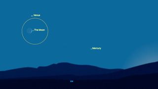 A sky chart of Venus near the crescent moon with mercury nearby