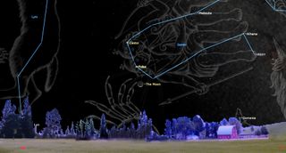 A giant transparent set of twins sits off kilter, angeled downward from the right. They hold spear and bow. Half a crab's body extends from the middle of the horizon, and a wolf's body hangs from the top left. Blue lines connect stars in their bodies to indicate constellations.