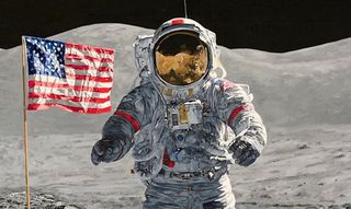 An astronaut standing on the moon beside an American flag