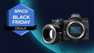 The Nikon Z7II camera with the FTZ II Adapter with a Space bLack Friday deals logo