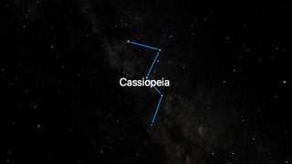 The constellation Cassiopeia is outlined with blue lines against a starry night sky, with its name prominently labeled.