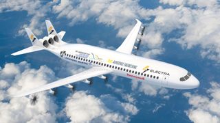 A white passenger jet is seen from above, flying to the right through a blue sky a white puffy clouds.