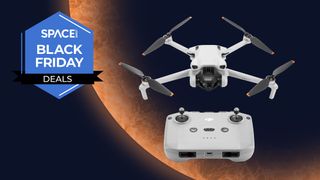 DJI Mini 3 on an orange planet background with a Space Black Friday badge.