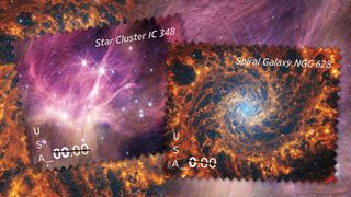 closeup of two postage stamps that feature colorful cosmic views