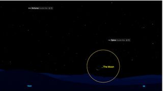 Night sky view showing the moon low on the horizon in the east-southeast direction, labeled within a yellow circle. Bright stars Arcturus and Spica are also labeled as double stars in the image.