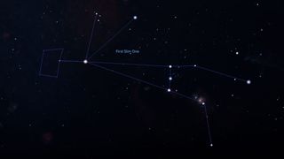 A star chart depicting a constellation outlined against a dark, star-filled sky. The constellation features a prominent bright star labeled "First Slim One" and is connected by lines forming the shape of a person.