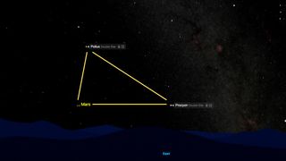 night sky illustration showing mars making a triangle with Procyon and Pollux, a yellow line joins all three into a triangle formation.