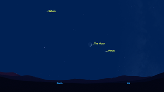 Night sky graphic showing venus to the lower right of the moon and saturn to upper left.