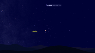 Night sky graphic showing jupiter to the lower left of the Pleiades.