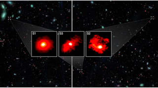 Three reddish galaxies zoomed-in from a background image.