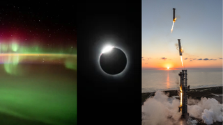 A mosaic of images showing auroras, a solar eclipse and SpaceX's Starship rocket catch