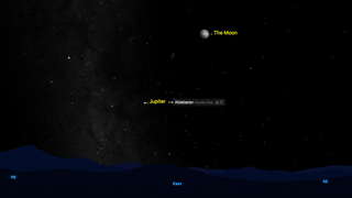 night sky image graphic showing the moon shining to the upper right of jupiter and aldebaran.